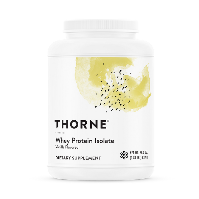Thornes Whey Protein Isolate, a white container with abstract yellow and black design, offers vanilla flavor perfect for muscle repair. The label shows its a Dietary Supplement with net weight 29.8 oz (1.84 lb) or 837.6 g, ensuring bioavailable protein in each scoop.