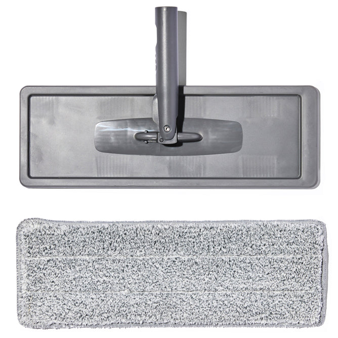 A Replaceable Microfiber Mop Head by Grove Co. with a collapsible universal handle is shown above a gray rectangular microfiber cleaning pad, featuring an attachment mechanism, all set against a plain white background.