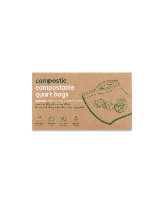 A Compostic Quart Bags box features green text and an image of a bag with leaves and fruit peels. Made from plant-based materials, it highlights its eco-friendly, home-compostable benefits with dimensions of 7x8 (18cm x 20cm).