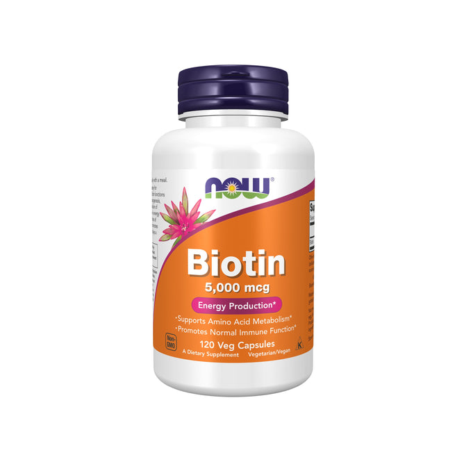 NOW Foods Biotin 5000mcg supplement supports energy production and skin health, featuring 120 vegetarian capsules. It comes in a white bottle with a floral design and vibrant orange accents on the label.