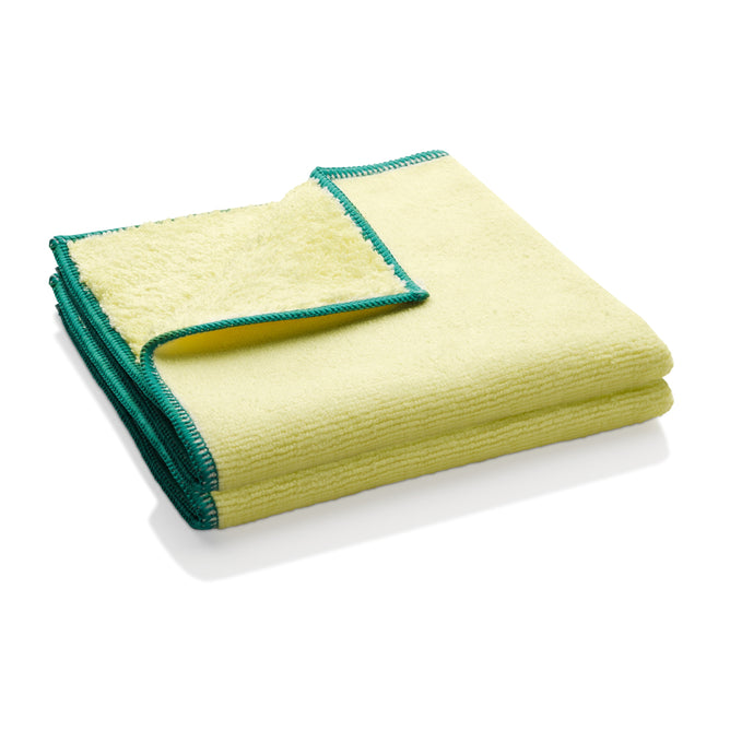 A yellow microfiber towel with green trim, part of E-Cloths High Performance Dusting Cloths, is displayed on a white background. One corner is flipped to showcase its dual-sided cleaning surface.