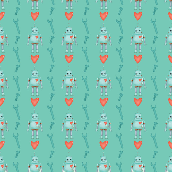 The Waterleaf Paper Companys Dissolvable Gift Wrap showcases a seamless pattern on a turquoise background with cute blue robots, red hearts, wrenches, and bolts. Eco-manufactured and septic system safe, its the perfect charming solution for gift wrapping.