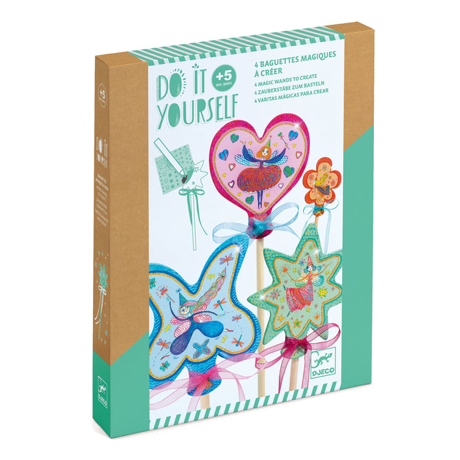 The Little Fairies Wands DIY Craft Kit by DJECO features a colorful box with heart and star designs. With a turquoise and brown palette, the FSC® Certified Paper label spotlights it as ideal for children’s activities, suitable for ages 5 and up.