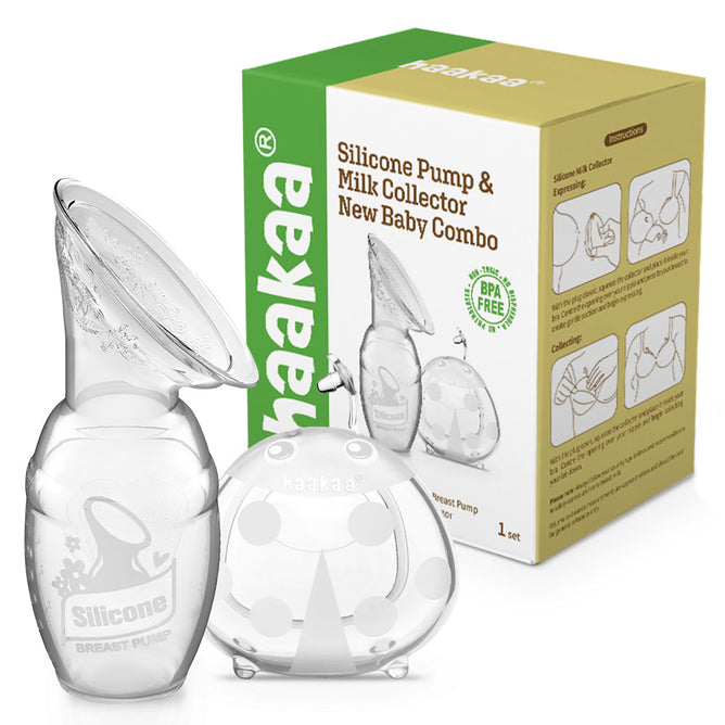 The Eco-friendly Silicone Pump & Milk Collector Set from Haakaa is showcased against a green and beige packaging box with product details and illustrations, designed for effortless milk collection using natural suction.