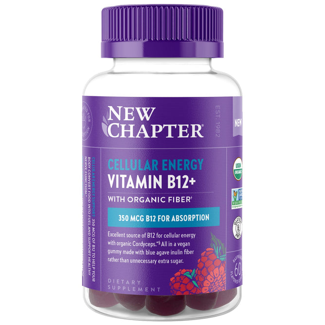 New Chapters Cellular Energy Vitamin B12 + Gummy is a vegan supplement featuring 350 mcg of B12 for absorption, organic fiber, and blue agave inulin. It supports healthy nerve function and comes in a bottle containing 60 gummies.