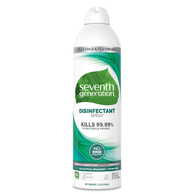Seventh Generation Disinfectant Spray in a tall can with a green and white label claims to kill 99.99% of bacteria and viruses on nonporous surfaces. It has a eucalyptus, spearmint, and thyme scent, with No-Rinse Required prominently displayed.