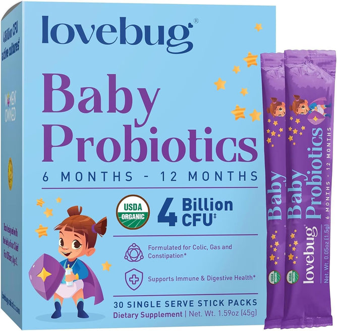 A box of Lovebug Baby Probiotics, 6 to 12 months, highlights 4 Billion CFU, USDA Organic, and infant immune support with a cartoon girl and shield. Two purple stick packs are beside the box.