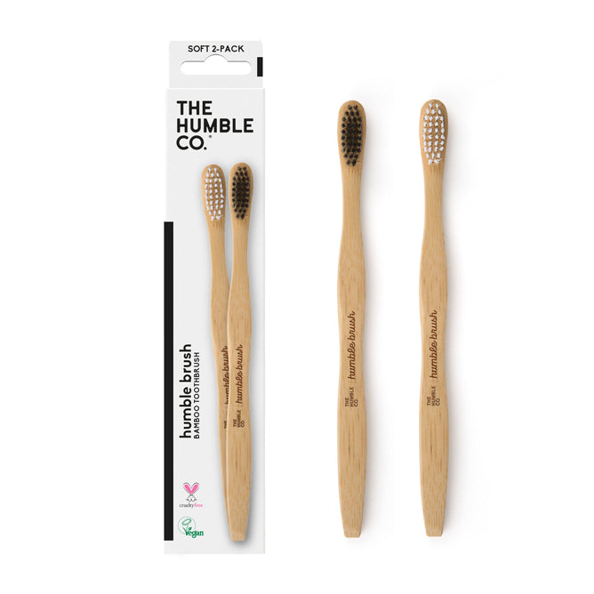 The Humble Co. Adult Bamboo Toothbrushes - Soft feature black and white nylon bristles, are dentist-approved, eco-friendly, and vegan-certified.