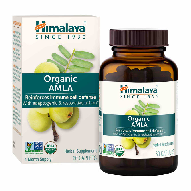 The Himalaya Organic Amla supplement package, featuring 60 USDA organic certified caplets, is displayed alongside its bottle. The vivid packaging image highlights the adaptogenic fruits immune support and cell defense benefits.