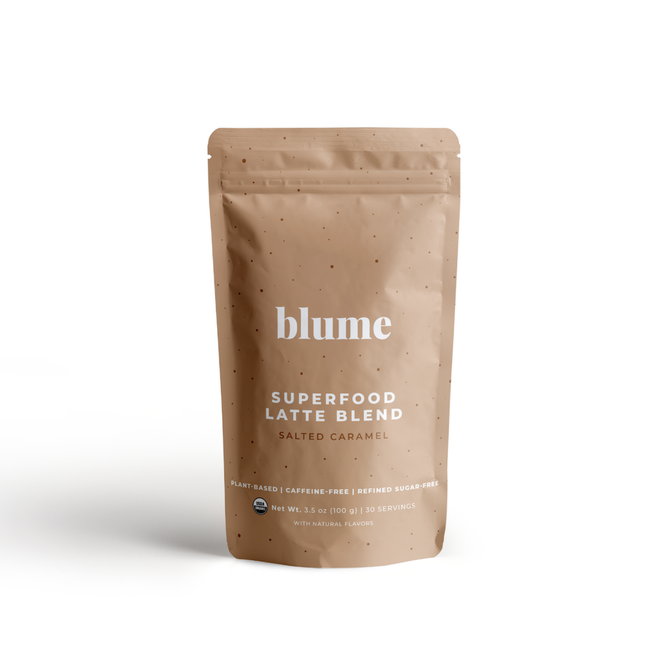 Blumes Organic Salted Caramel Latte Powder comes in a 3.5 oz stand-up pouch featuring light brown packaging with white text, spotlighting its plant-based, caffeine-free, and sugar-free benefits. With superfoods included, it provides 30 servings of wholesome goodness.
