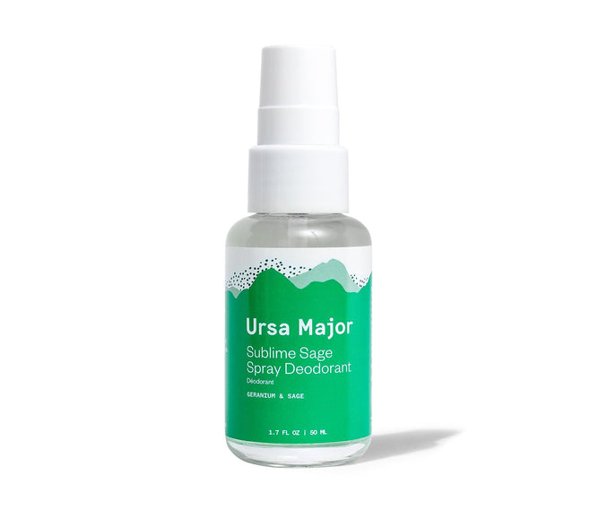 Ursa Majors Sublime Sage Spray Deodorant with a green label and mountain graphics offers long-lasting natural protection with Cedarleaf & Sage notes in a 3.7 fl oz / 110 ml size, set against a white background.