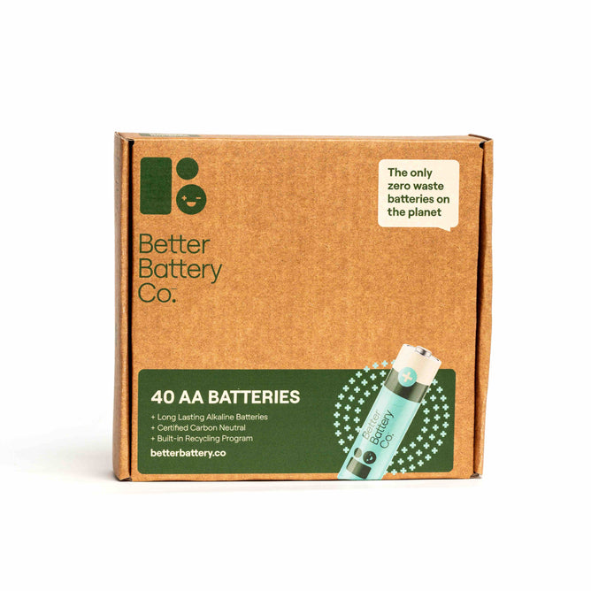 A cardboard box branded Better Battery Co contains 40 AA Alkaline Batteries. It features long-lasting performance, a certified zero-waste design, and an innovative recycling program, making it the only truly sustainable battery choice.