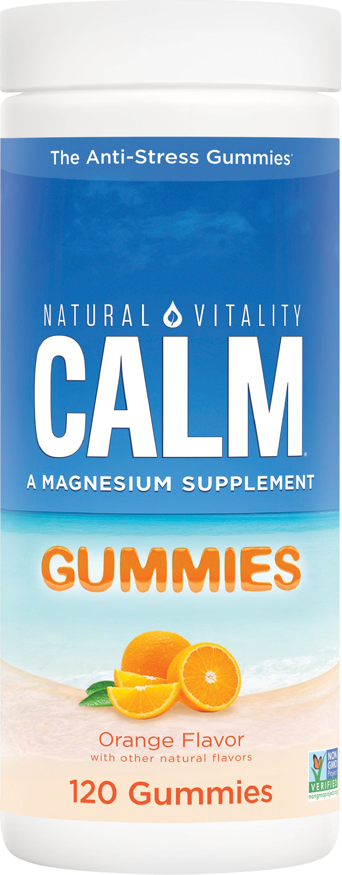 The CALM Magnesium Supplement Gummies by Natural Vitality, labeled The Anti-Stress Gummies, provide stress support and mood balance. The bottle contains 120 orange-flavored gummies, featuring oranges and the Non-GMO Project Verified logo.