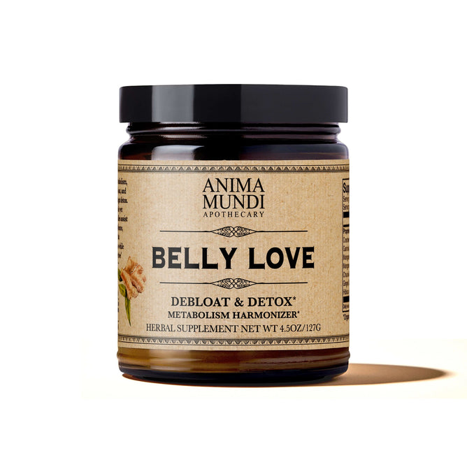 Anima Mundi BELLY LOVE Powder, Metabolism Harmonizer is an herbal supplement for de-bloat, detox, and digestive support. Net weight 4.5 oz (127g). Beige label with black text.