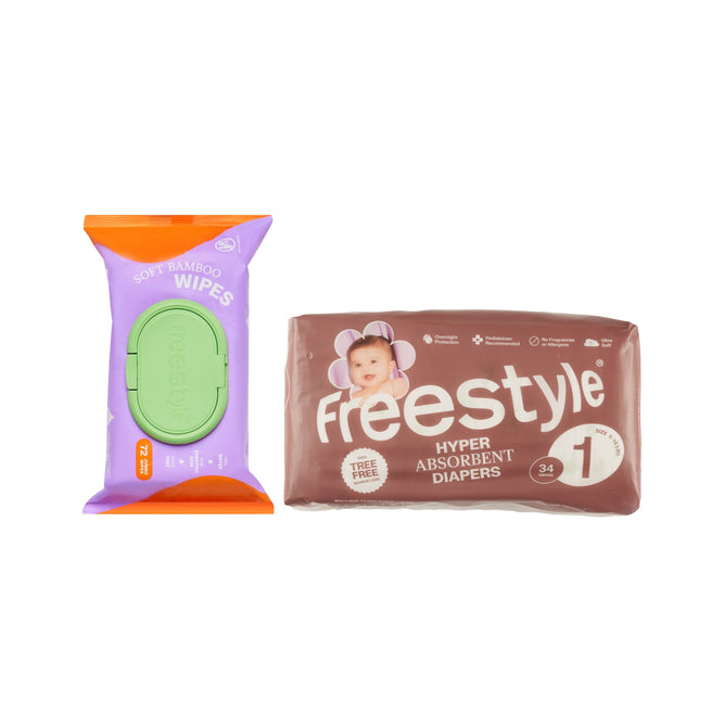 A pack of Grove Collaborative Soft & Clean Jumbo Baby Wipes with a free Size 1 diaper pack (8-14 lbs, 34 diapers) is shown, featuring colorful packaging and a smiling baby on the brown diaper pack.