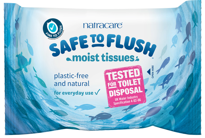 Natracare Flushable Moist Tissues packaging features fish and bubbles, touts plastic-free and natural, mentions tested for toilet disposal, highlights its organic formula, and displays compliance with UK Water Industry Specification 4-02-06.