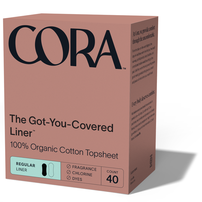 Coras 100% Organic Cotton Ultra Thin Period Liners come in a 40-count box with pink packaging and dark blue text. These hypoallergenic liners are free from fragrance, chlorine, and dyes, featuring a comfortable protection thanks to the organic cotton topsheet.