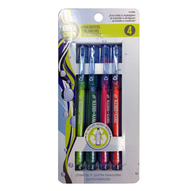 A four-pack of Onyx and Greens Recycled PET Highlighters includes blue, green, orange, and yellow chisel tips. Made from recycled plastic, the set comes in eco-friendly packaging highlighted by a recycle symbol and a colorful wavy design.