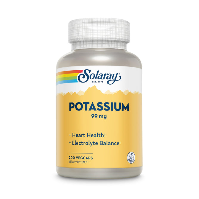 The Solaray Potassium, 99 mg supplement features a rainbow stripe on its label, boasts benefits for heart health and electrolyte balance, contains 200 vegcaps, and is classified as a dietary supplement.