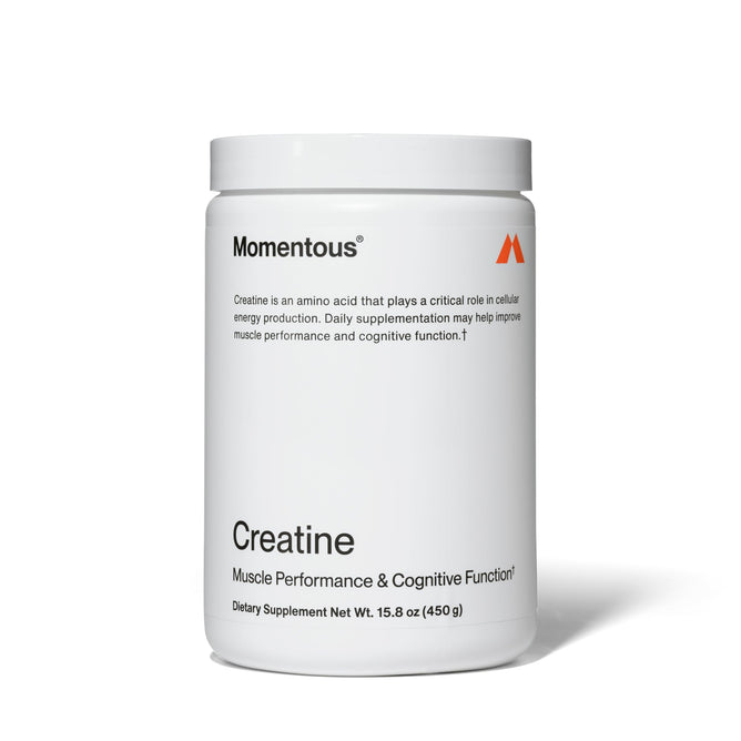 A white jar of Momentous Creatine with black text touts its muscle performance and cognitive benefits, weighing 15.8 ounces (450g).