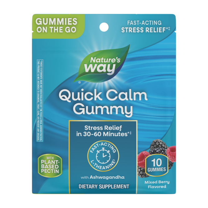 Natures Way Quick Calm Gummies On the Go, Sample pack in mixed berry flavor, offers fast-acting stress relief in 30-60 minutes with Ashwagandha and L-theanine. Contains 10 gummies and features fruit graphics on the blue packaging.