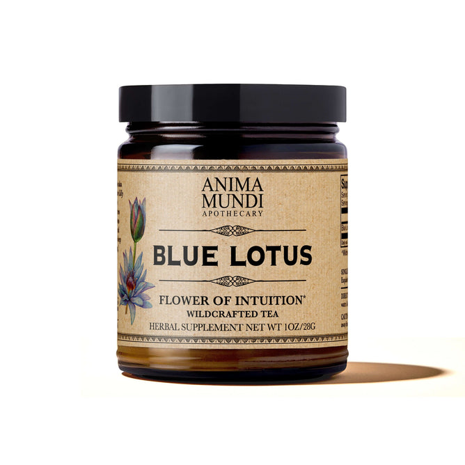 A jar of Anima Mundi BLUE LOTUS, Flower of Intuition herbal tea (1oz/28g), featuring floral art on a beige label, evokes meditative energy and supports lucid dreaming.