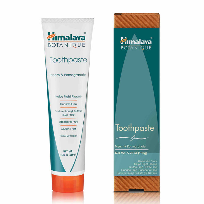 Himalayas Original Neem & Pomegranate Toothpaste comes in a convenient tube and box, offering a refreshing plant-based formula free of fluoride, sulfates, and gluten. This 5.29 oz (150 g) toothpaste combines the delightful flavors of Neem and Pomegranate with a minty finish.