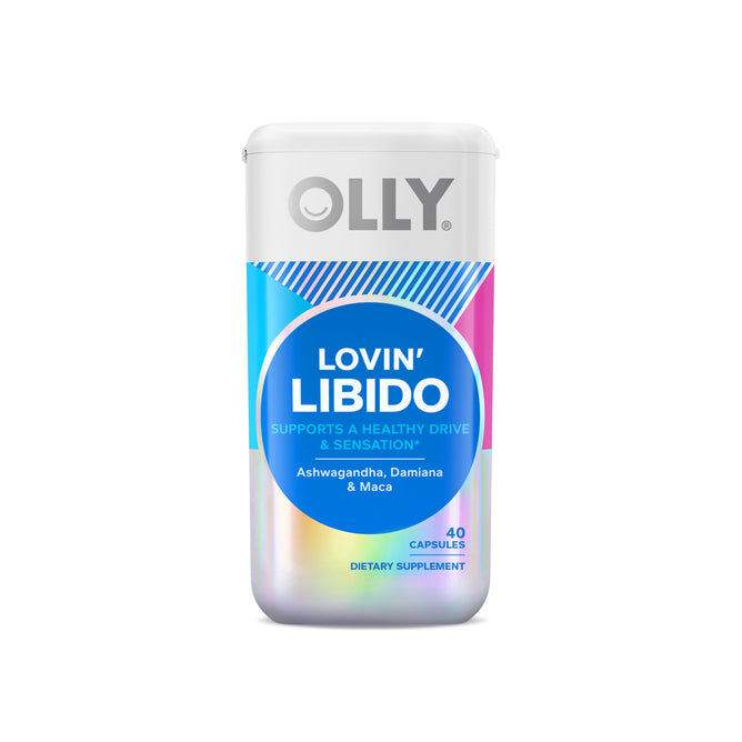 The image shows OLLYs Lovin Libido supplement for womens libido, highlighting botanical extracts such as Ashwagandha, Damiana, and Maca. It contains 40 capsules and features a colorful gradient label with a prominent blue circle detailing the product.