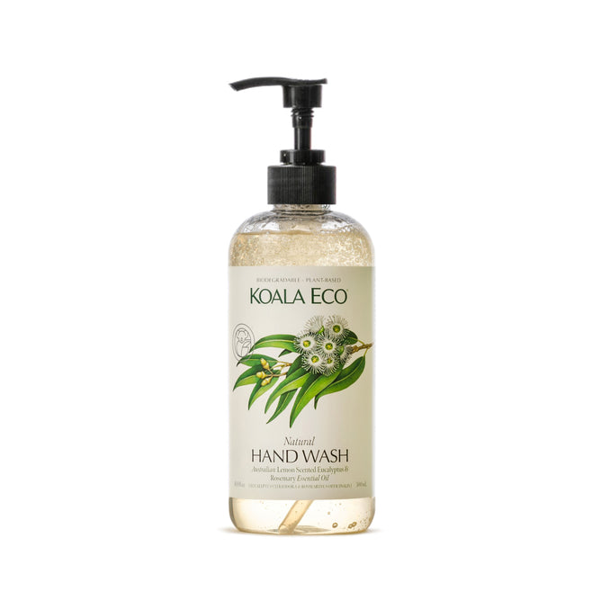 A bottle of Koala Eco Natural Hand Wash comes with a pump dispenser featuring eucalyptus illustrations, emphasizing its non-toxic, biodegradable, plant-based formula. It contains refreshing Australian essential oils for gentle cleansing.