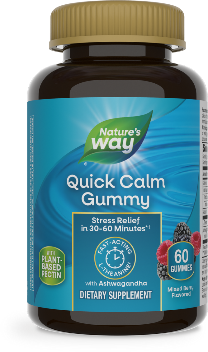 Natures Way Quick Calm Gummy, with a teal label, offers stress relief in 30-60 minutes. Each bottle contains 60 mixed berry gummies infused with L-Theanine and Ashwagandha for fast tranquility.