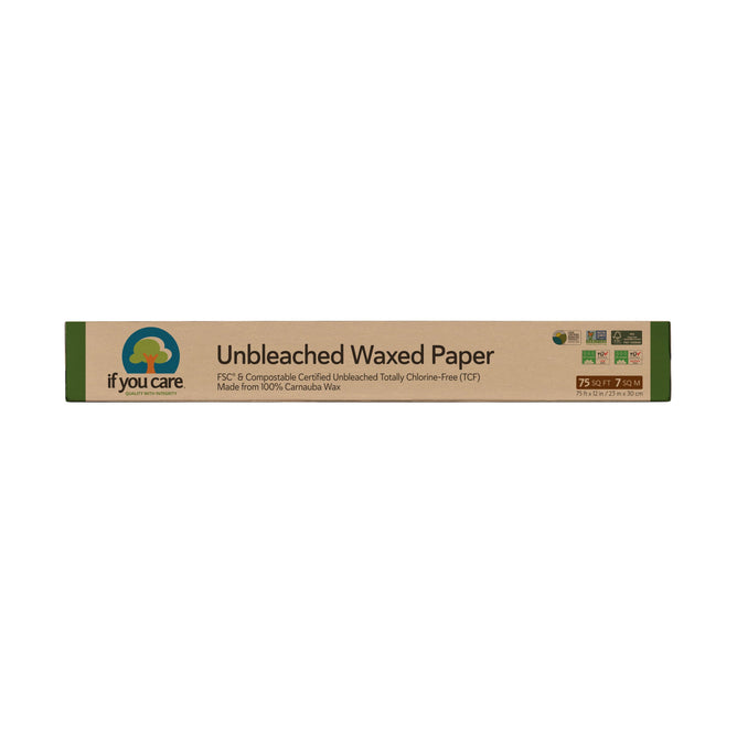 Box of If You Care Unbleached Carnauba Wax Paper features a green and beige design. This FSC-certified, eco-friendly food storage is totally chlorine-free, Non-GMO, compostable, made from 100% carnauba wax, and measures 75 sq ft (7m).