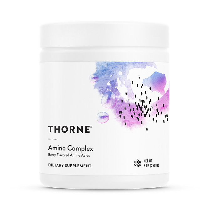 A white jar of Thornes Amino Complex supplement features a refreshing berry flavor and essential amino acids, with abstract purple and blue watercolor designs on the label. It contains 8 oz (228 g) to support your wellness journey.