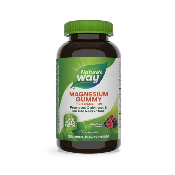 Natures Way Magnesium Gummy offers plant-based, mixed berry flavored gummies with 100 mg of magnesium citrate each, emphasizing High Absorption and Promotes Calmness & Muscle Relaxation. There are 90 gummies designed for stress management.