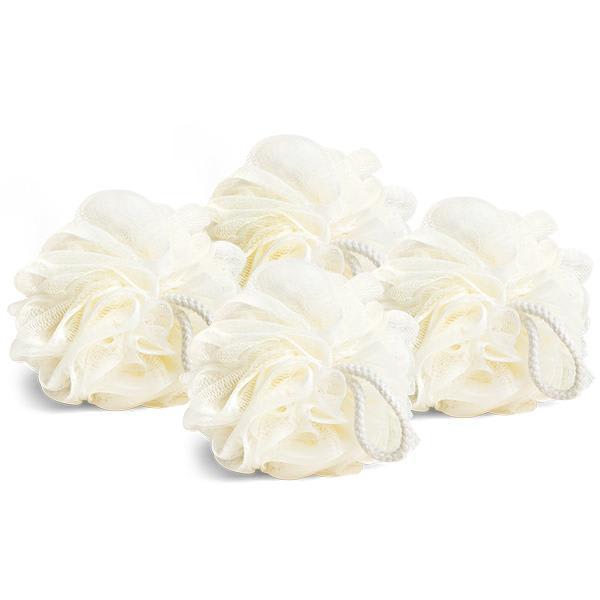 The Grove Co. Recycled Plastic Loofah, 4 Pack includes four white loofahs, each with a textured mesh surface and hanging loop. Made from recycled materials, they offer a soft and fluffy feel for luxurious suds during your bathing experience.