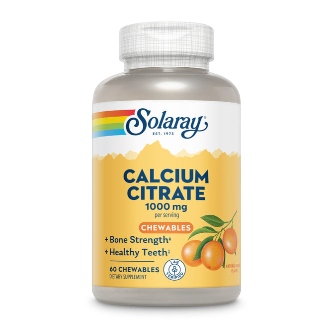 The Solaray Calcium Citrate Chewable, Orange bottle features a rainbow stripe design, an orange fruit illustration, and text promoting bone strength and healthy teeth. It contains 60 calcium-rich chewables.