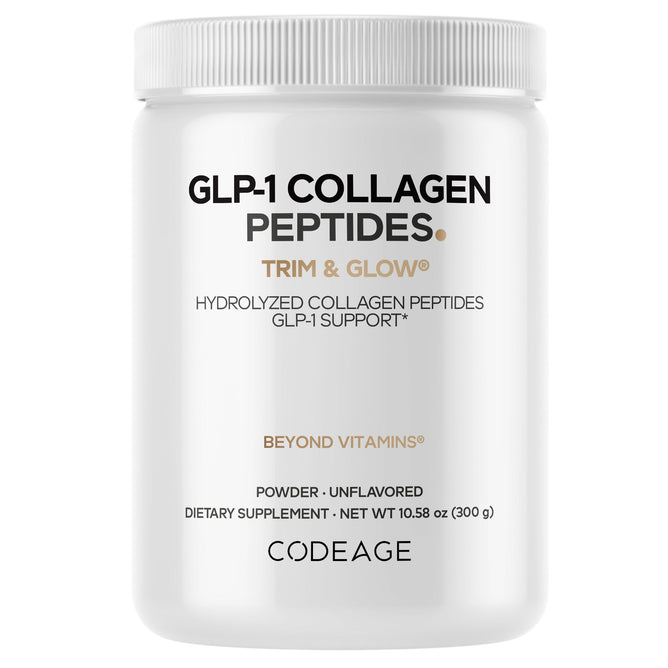 A 10.58 oz (300 g) white container of Codeages GLP-1 Collagen features Trim & Glow. This hydrolyzed collagen powder is from grass-fed bovine, unflavored, and the label highlights GLP-1 Support and Beyond Vitamins.