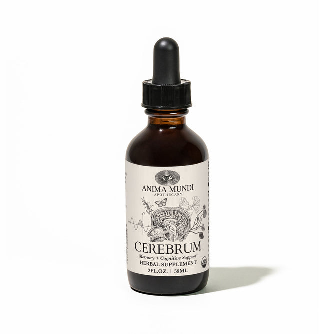 A brown glass dropper bottle labeled Anima Mundi CEREBRUM Tonic, Memory + Energy is displayed against a white background, emphasizing its formula for cognitive and energy support.