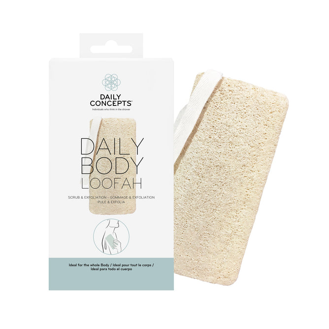 The Daily Concepts Daily Body Loofah, a rectangular beige sponge with a white strap, is designed for whole-body exfoliation and promises baby-soft skin.