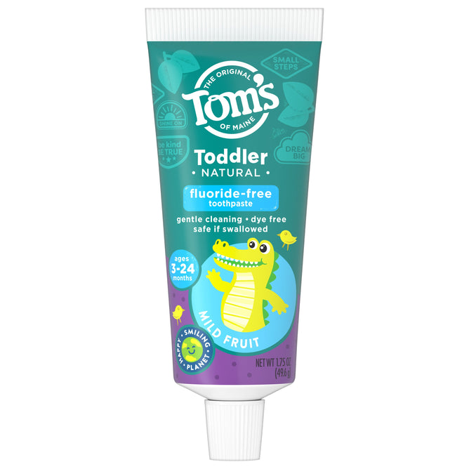 Toms of Maine Toddler Training Toothpaste showcases a smiling cartoon crocodile on its tube and is ideal for ages 3-24 months. Its a natural, fluoride-free, dye-free toothpaste with a mild fruit flavor thats safe if swallowed.