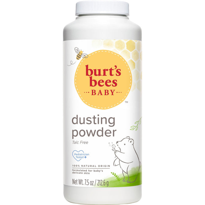 Burts Bees Baby™ Dusting Powder comes in a 7.5 oz (212.6 g) container with a bee, bear, and honeycomb design. Its labeled hypoallergenic diaper rash powder, talc free, and pediatrician tested, suitable for delicate baby skin.