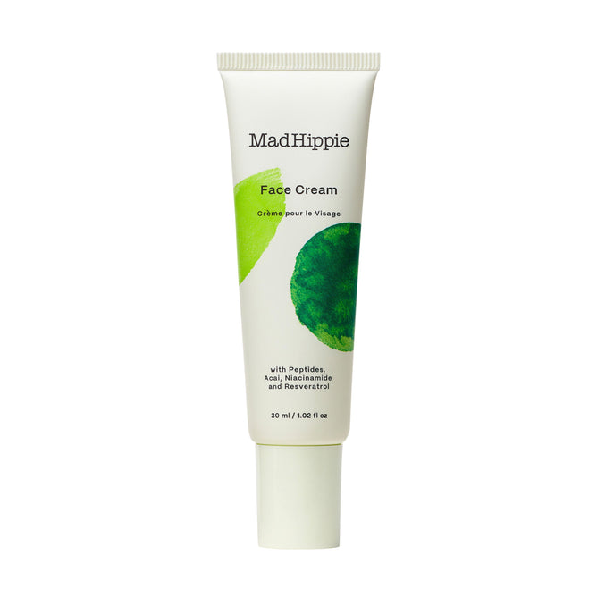 The 30 ml Mad Hippie Face Cream tube, adorned with green leaf artwork, features anti-aging peptides and antioxidants like acai, niacinamide, and resveratrol. Its a strong contender for Best Daily Moisturizer.