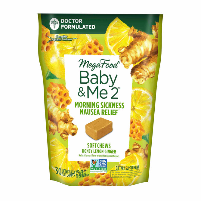 MegaFoods Baby & Me 2 - Morning Sickness Nausea Relief chews are in Honey Lemon Ginger flavor. The front displays ginger and lemon images with labels like Doctor Formulated and Non-GMO Project Verified, containing 30 individually wrapped chews to help relieve morning sickness.