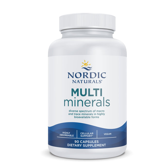 The Nordic Naturals Multi Minerals, in a white bottle with a blue wave, features 90 vegan, highly absorbable capsules containing macro and trace minerals for metabolic health and cellular function support.