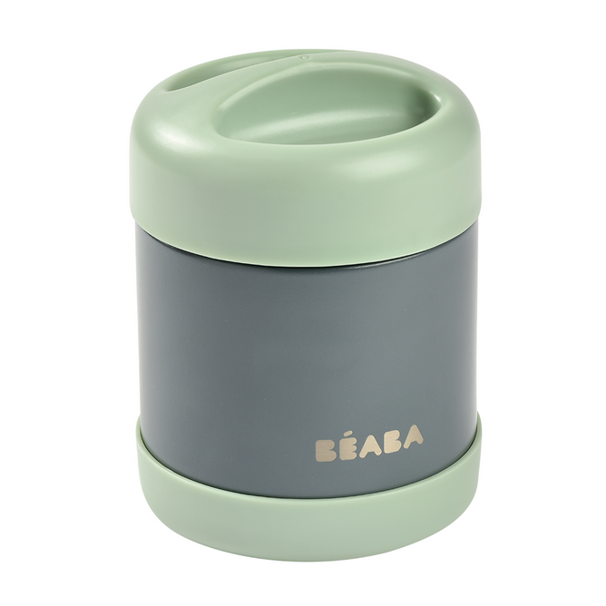 The BEABA Insulated Stainless Steel Food Container Jar boasts a sleek, leak-proof design with a gray body and light green lid. Its rounded, smooth style pairs fashion with function for meal storage.