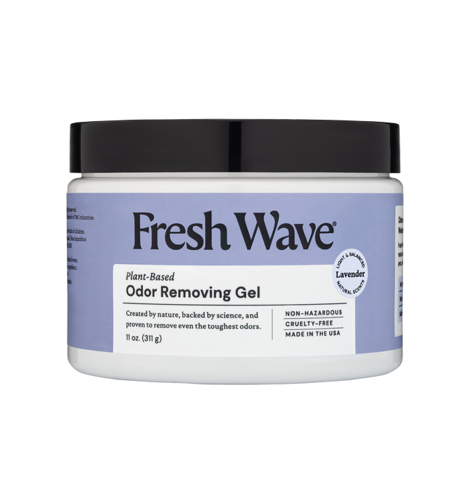 The 11 oz Fresh Wave Odor Removing Gel in a lavender scent features a purple label and is made in the USA. It boasts a plant-based, cruelty-free formula with natural oils for ongoing odor control, keeping your space fresh and inviting.