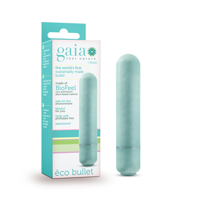 A teal Eco Bullet by Blush Gaia stands alongside its packaging, proudly noted as the worlds first sustainably made bullet, featuring an eco-friendly and waterproof design.
