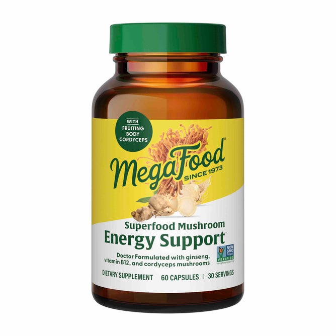 A brown bottle labeled MegaFood Superfood Mushroom - Energy Support contains 60 capsules and features Panax Ginseng, vitamin B12, and cordyceps mushrooms. Its Non-GMO Project Verified and plant-based.