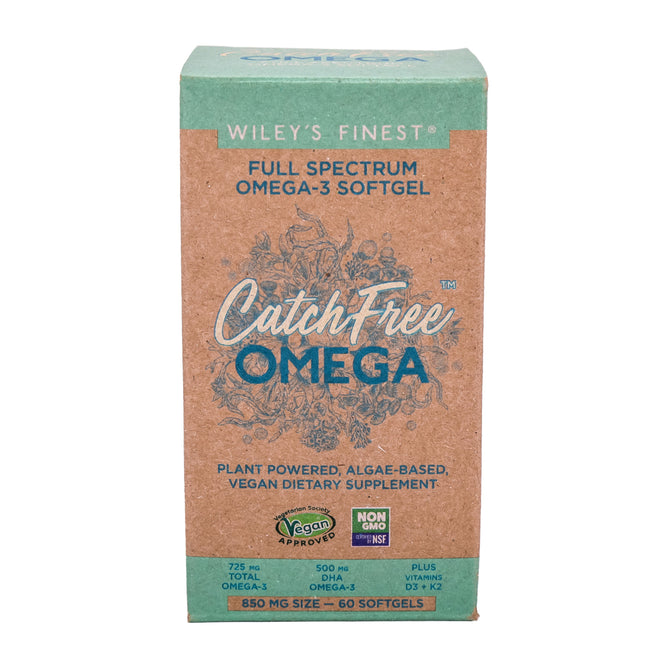 Wileys Finest Catchfree Omega-3 offers a box of 60 vegan, non-GMO softgels, each containing 850 mg of algae-based nutrients. This full spectrum omega-3 supplement supports EPA, DHA, vitamin D3, and K2 intake and provides essential Omega 3-6-9 for optimal health.