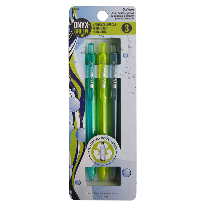 Pack of three Onyx and Green Recycled Mechanical PET Pencils in green and teal, crafted from recycled plastic bottles. Packaging highlights the 0.7mm size and eco-friendly features with a bubbles design showcasing sustainability.