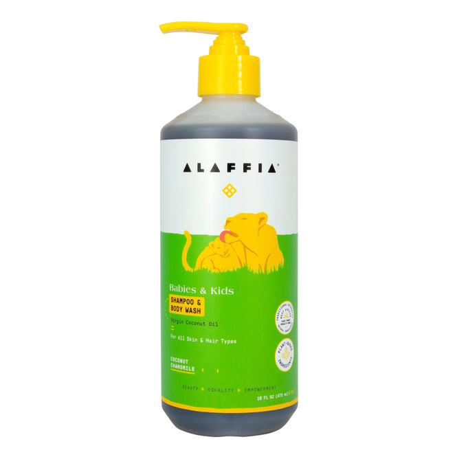 Alaffia Kids Shampoo & Body Wash, scented with soothing coconut chamomile for sensitive skin, features a lioness and cub illustration on a green label and comes with a cheerful yellow pump cap.